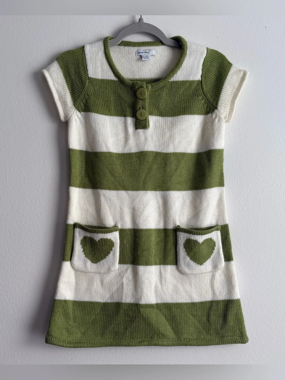 Greendog Green/White Striped Knit Sweater Dress Girls 6X Heart Pockets
